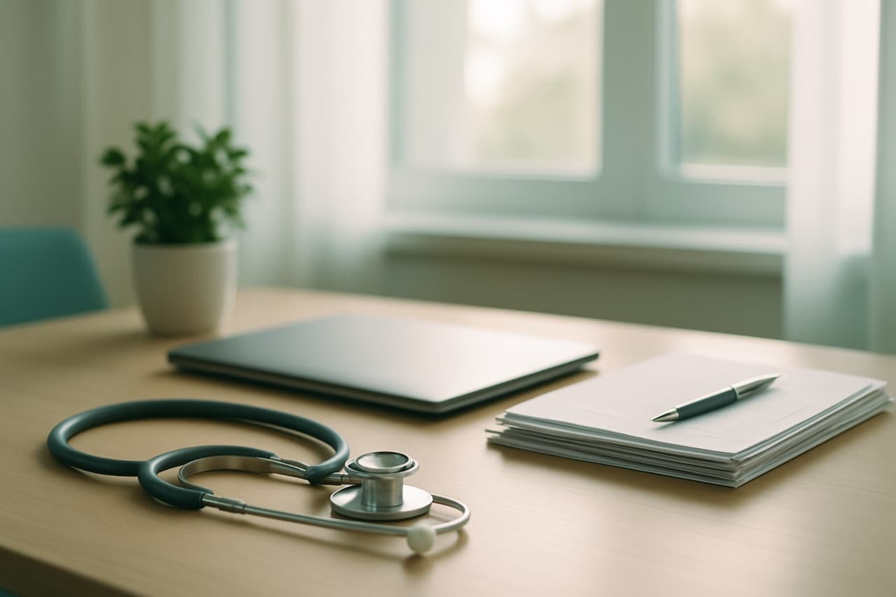 A calm, clean desk with a stethoscope and documents by a window