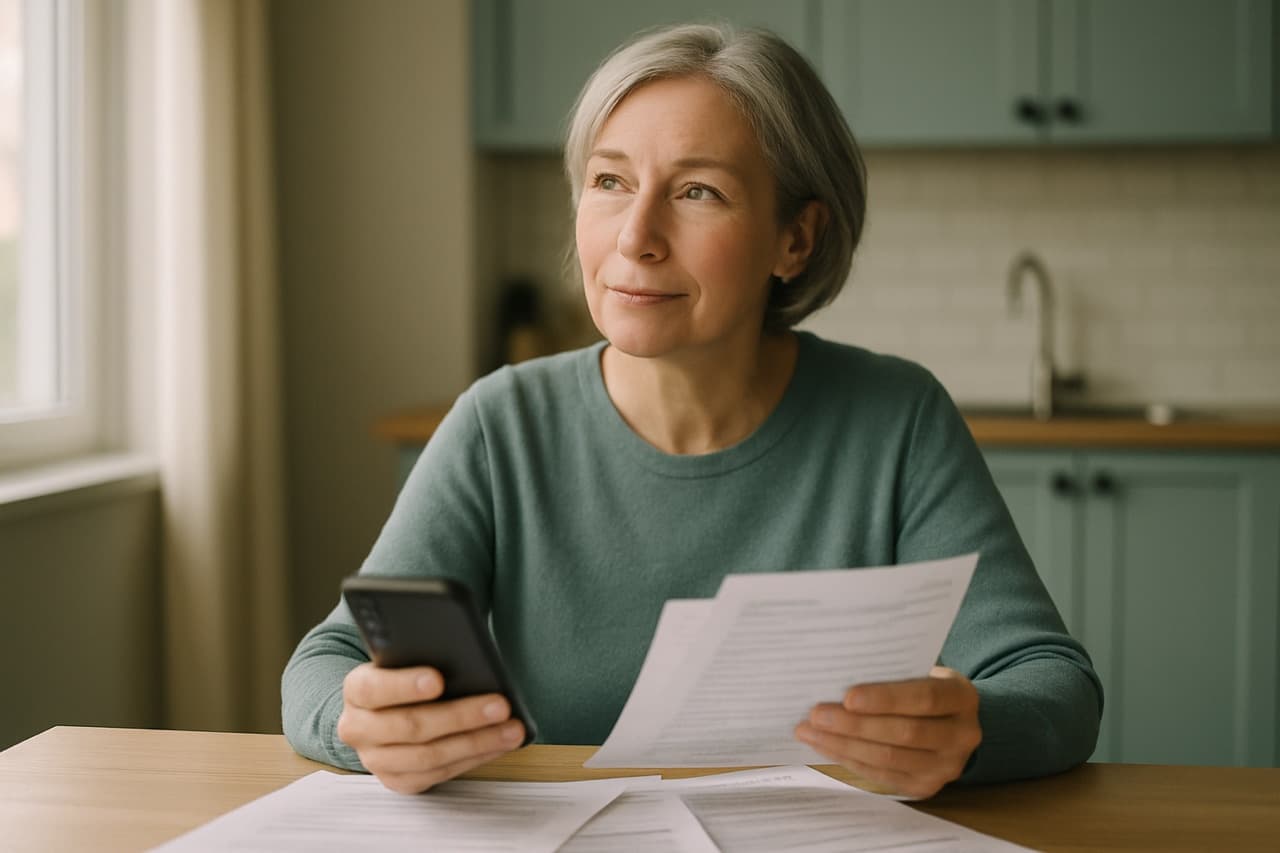 A person at home reviewing medical and insurance paperwork